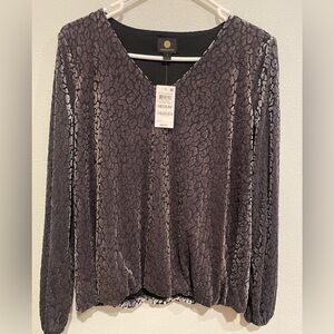NWT JM Collection Silver velvet Cheetah print blouse. Size M